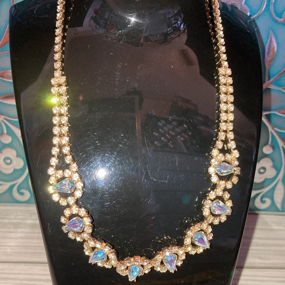 Aqua and cz rhinestone necklace.  Vintage.
